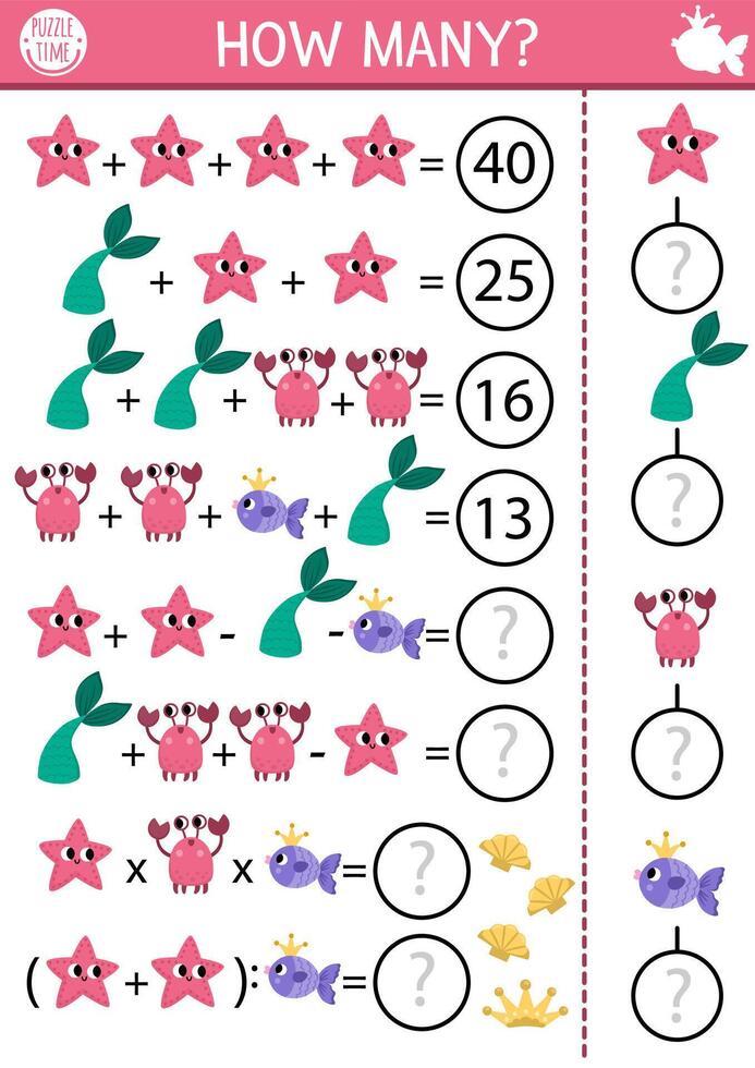 Marine how many starfish game, equation or rebus. Mermaid math activity for school children. Simple fairytale ocean kingdom math printable counting worksheet for kids with crab, tail, fish vector