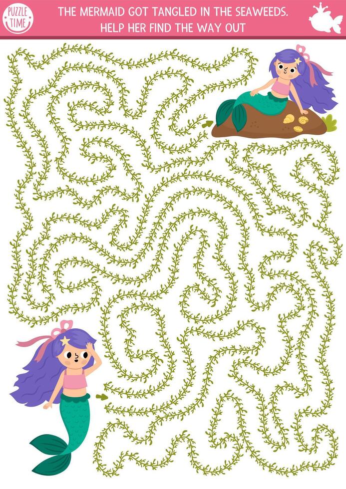 Mermaid maze for kids shaped as seaweeds. Marine preschool printable activity. Fairytale ocean kingdom labyrinth game, puzzle. Water worksheet with princess getting out the sea weeds vector