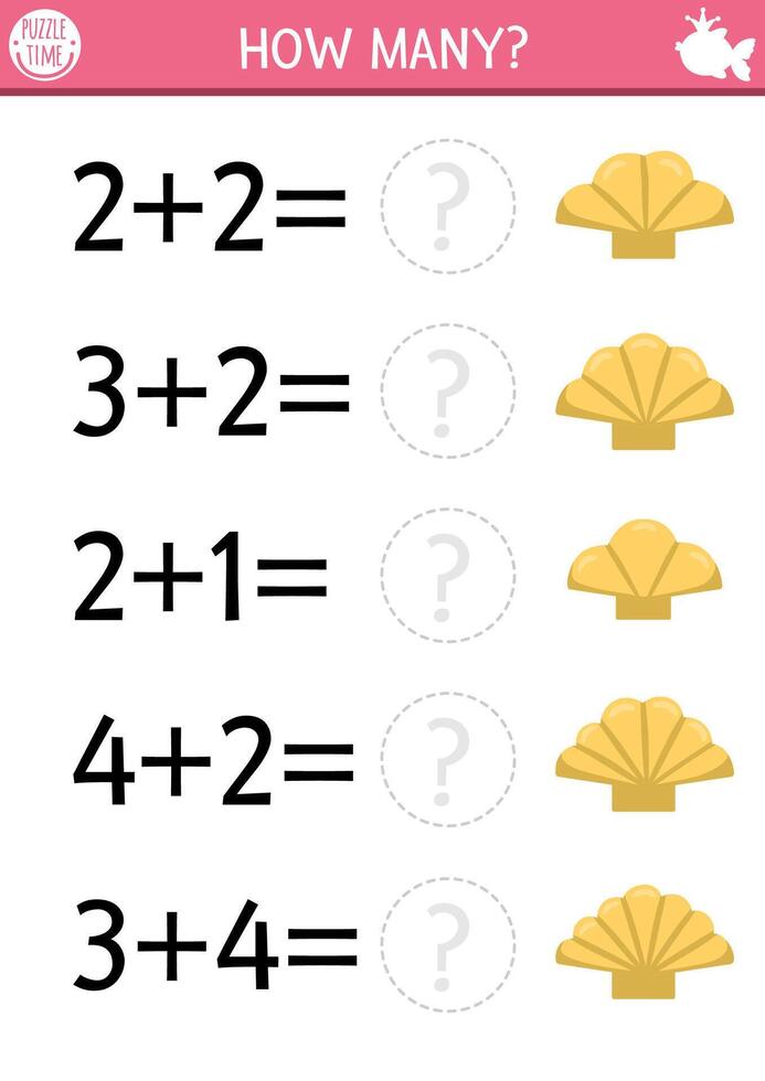 How many seashell section game with cute shells. Fairytale ocean kingdom or summer beach math addition activity for preschool children. Simple marine printable counting worksheet for kids vector