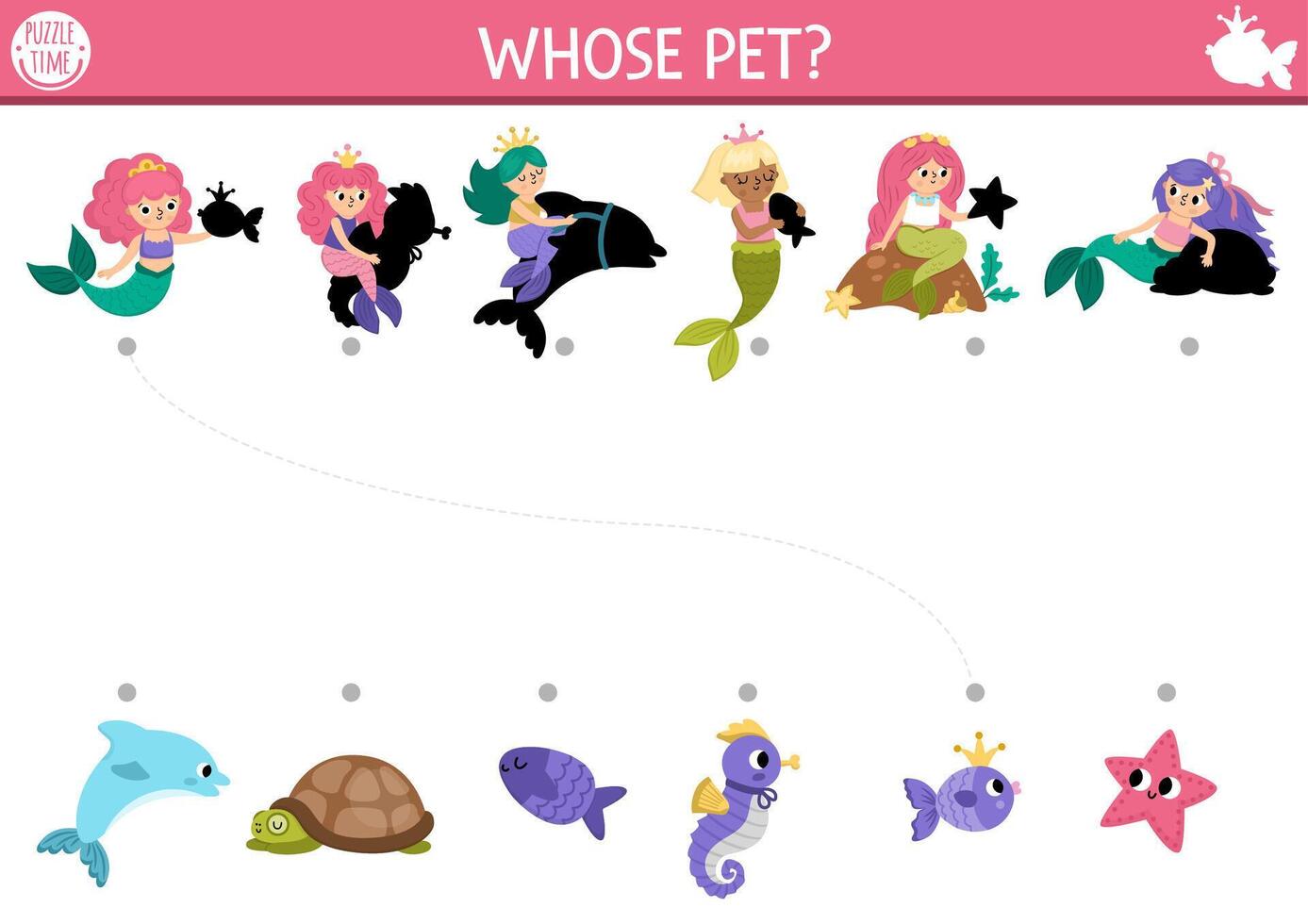 Mermaid shadow matching activity with sea princesses. Fairytale ocean kingdom puzzle with cute girls. Spot missing pets. Find correct silhouette printable worksheet, game. Marine page for kids vector