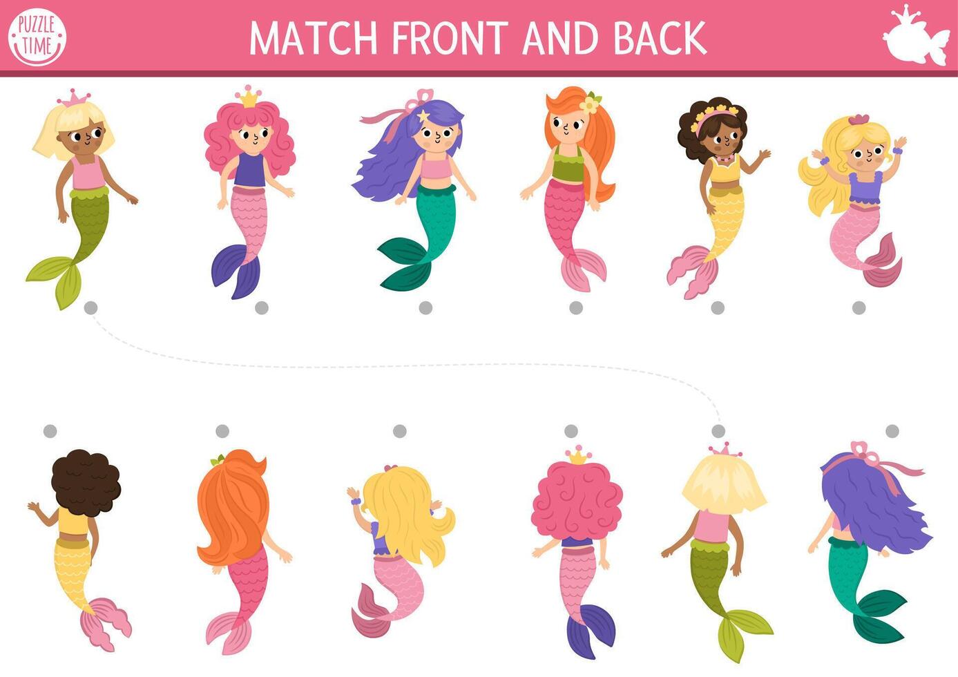 Mermaid matching activity with front and back mirror view. Marine puzzle with sea princess reflections. Match the objects game. Ocean kingdom printable worksheet. Fairytale logical match up page vector