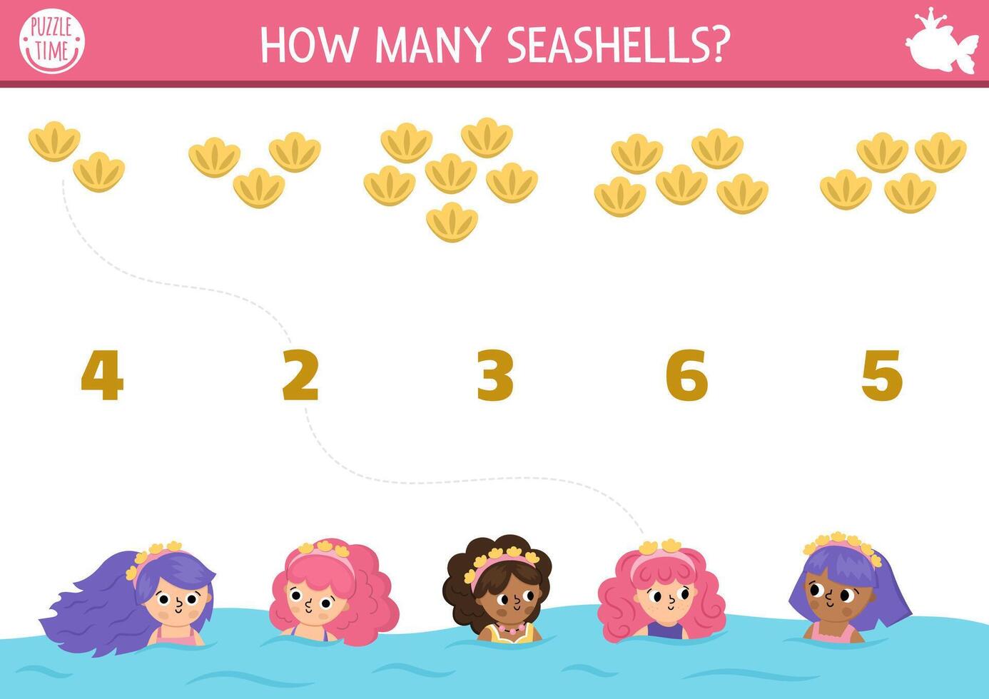 Match the numbers mermaid game with princess in water wearing headbands with seashells. Fairytale ocean kingdom math activity for preschool kids. Marine educational counting worksheet vector