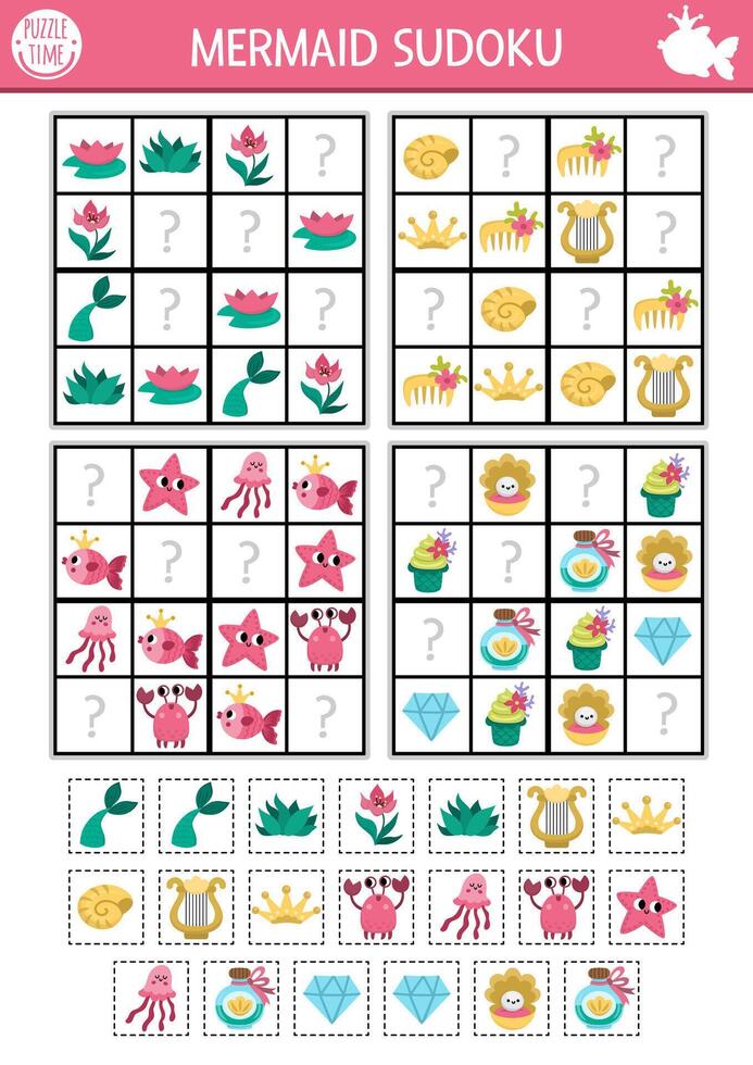 mermaid sudoku puzzle for kids with pictures. Simple marine quiz with cut and glue elements. Education activity or coloring page with fish, tail, crab, harp, seaweeds. Draw missing objects vector