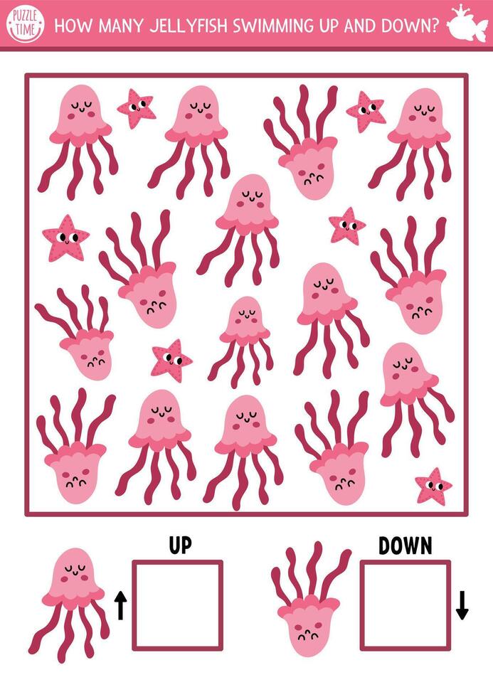 Mermaid logic game with up and down concept for kids with jellyfish. I spy searching, counting activity. Fairytale ocean kingdom printable space orientation worksheet for preschool children vector