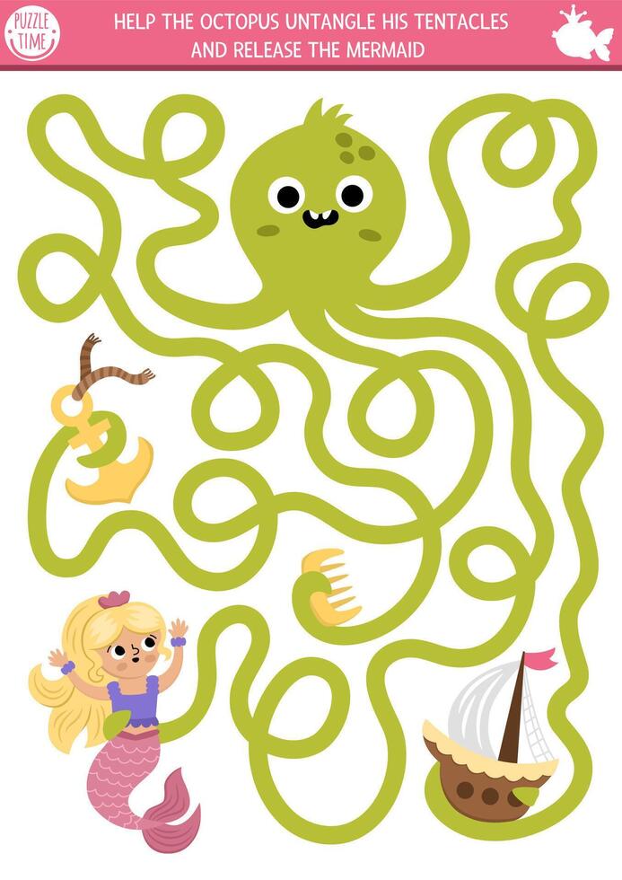 Mermaid maze for kids shaped as octopus tentacles with anchor, ship. Marine preschool printable activity. Fairytale ocean kingdom labyrinth game, puzzle. Water worksheet with sea princess vector