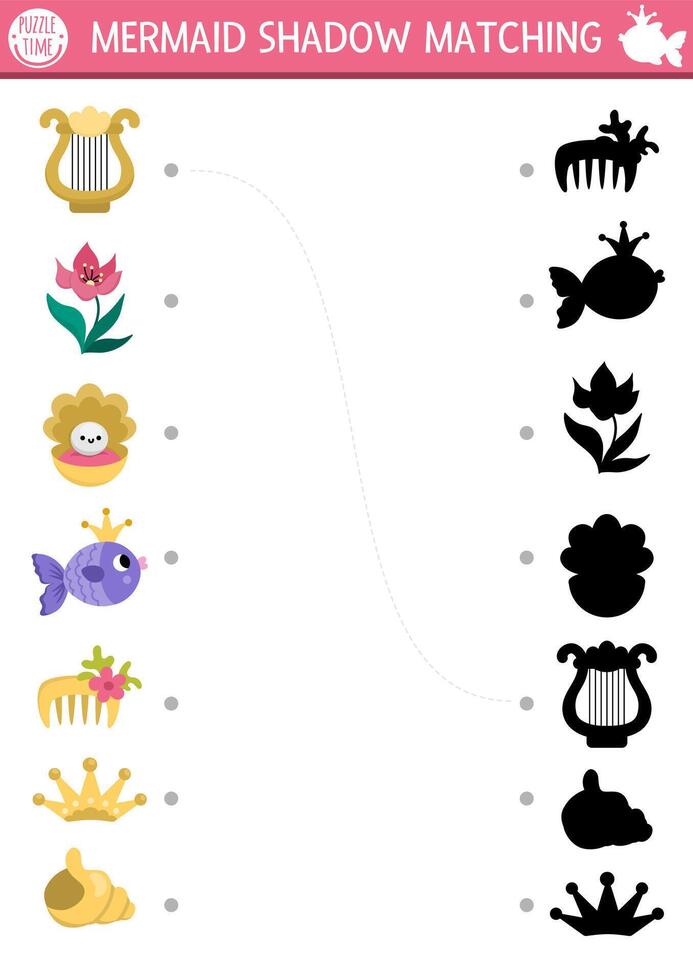 Mermaid shadow matching activity with sea princess accessory. Fairytale ocean kingdom puzzle with cute comb, fish, seashell. Find correct silhouette printable worksheet. Marine page for kids vector