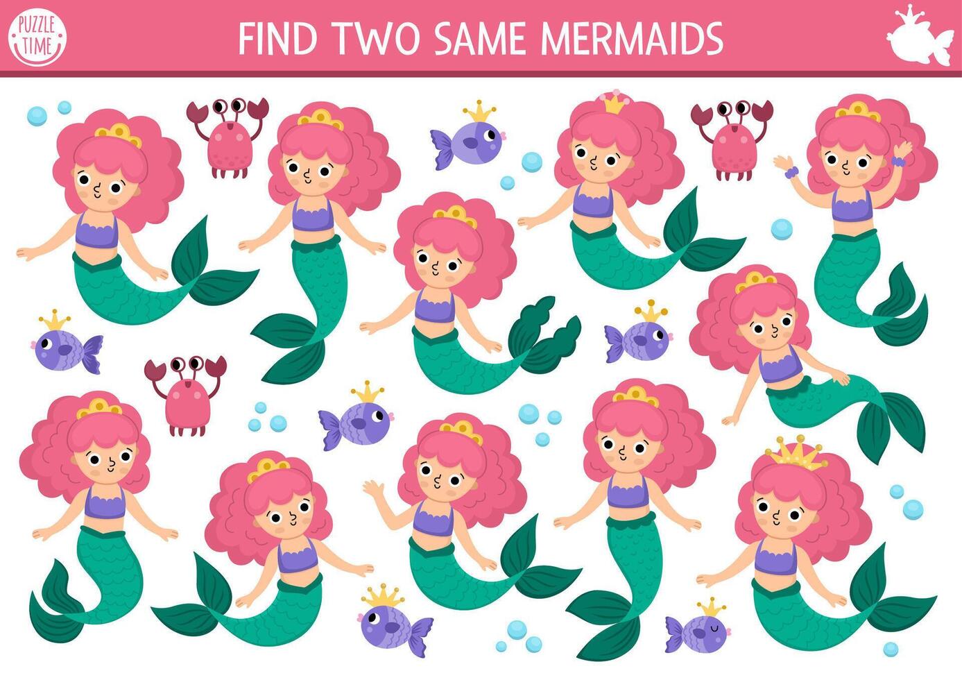 Find two same mermaids. Fairytale ocean kingdom matching activity for children. Marine educational quiz worksheet for kids for attention skills. Simple printable game with sea princess vector