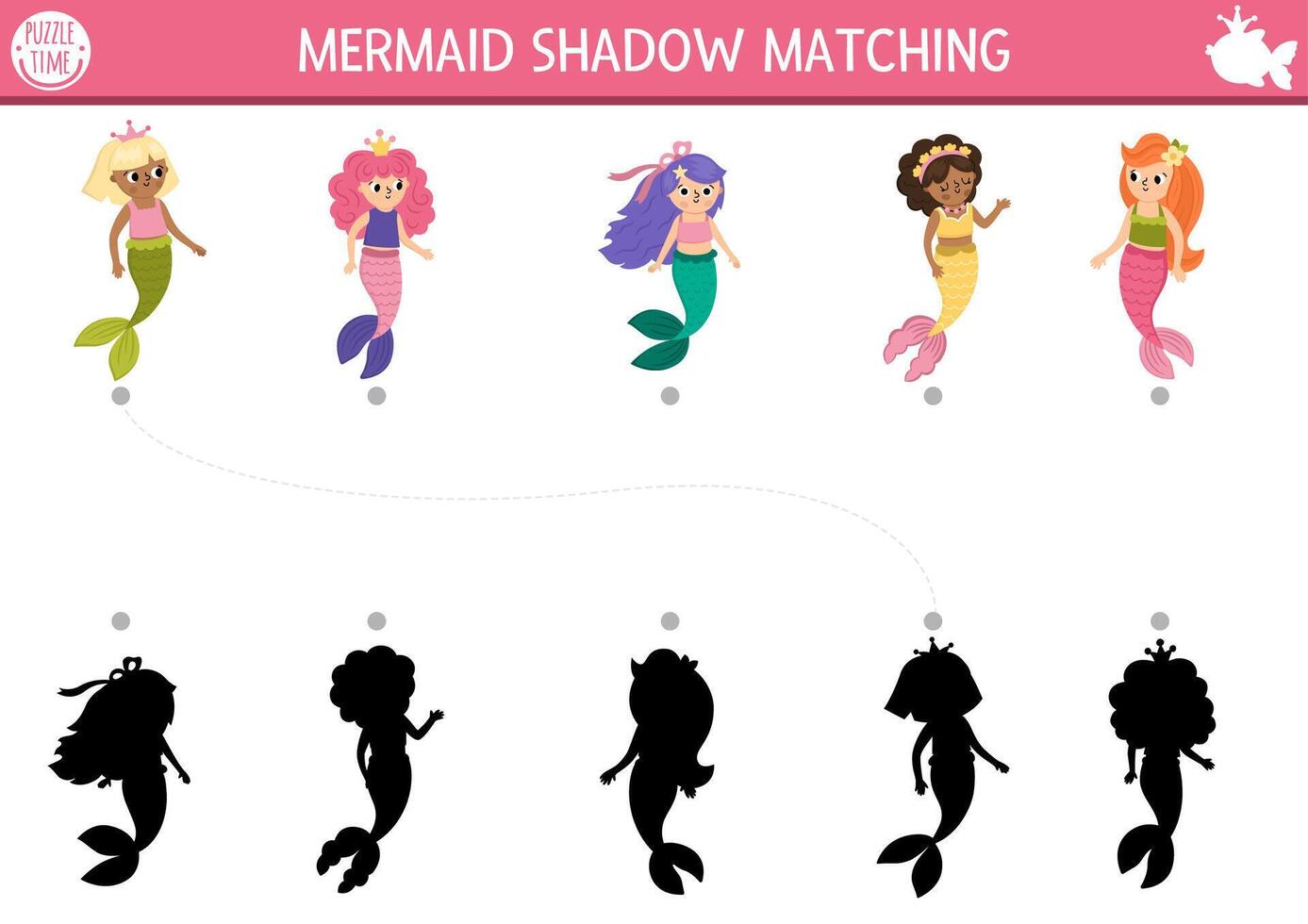 Mermaid shadow matching activity with sea princesses. Fairytale ocean kingdom puzzle with cute girls with tails. Find correct silhouette printable worksheet or game. Marine page for kids vector