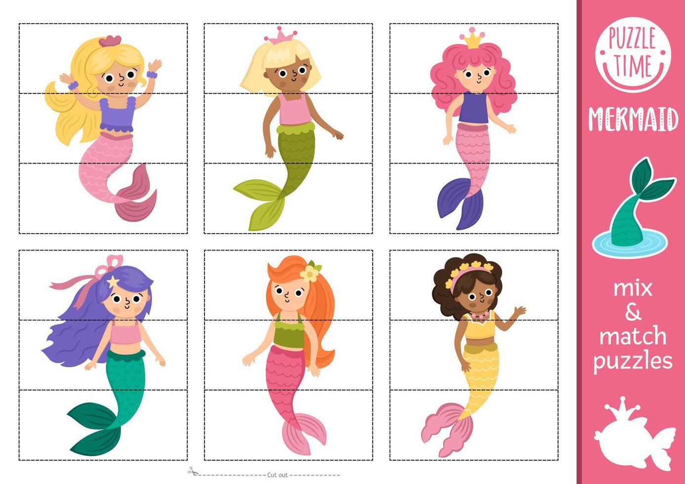 mermaid mix and match puzzle with cute sea princess. Matching fairytale ocean kingdom activity for preschool kids. Marine educational printable game with girls with fish tails vector