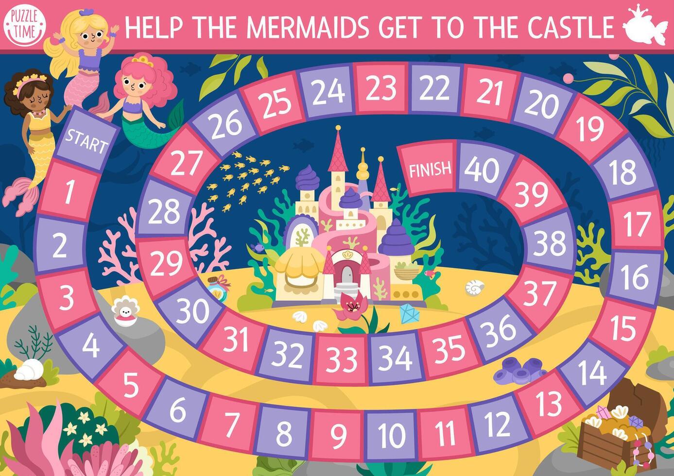 Mermaid dice board game for children with cute sea princess and castle. Marine boardgame with seaweeds, fish, treasure chest. Fairytale ocean kingdom printable activity or worksheet vector