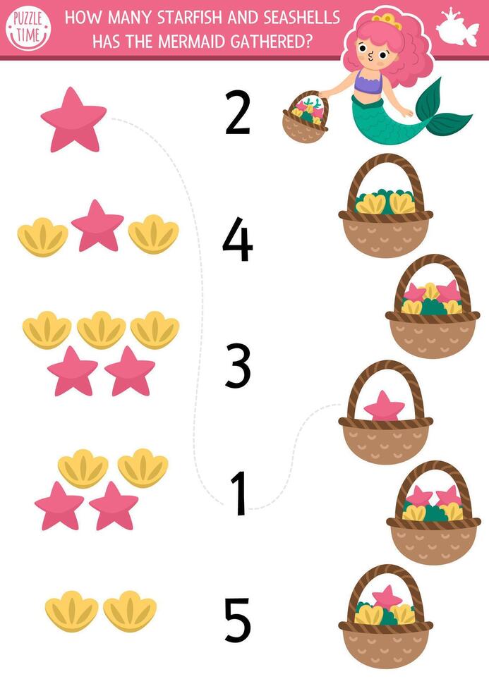 Match the numbers mermaid game with princess gathering starfish, seashells. Fairytale ocean kingdom math activity for preschool kids. Marine educational counting worksheet with sea fruit baskets vector