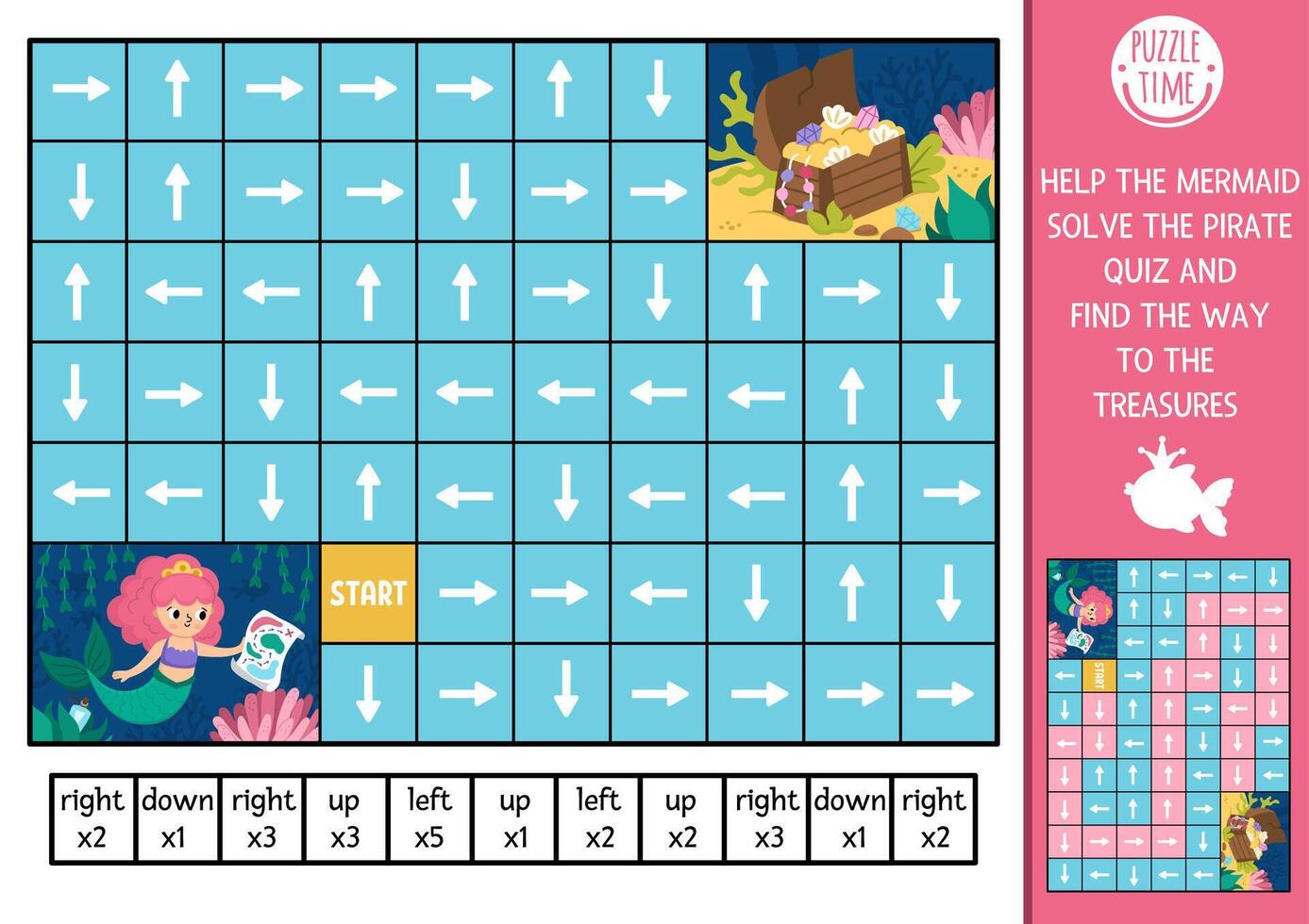 Mermaid logic maze for kids with pirate map and treasure chest. Fairytale ocean kingdom preschool printable activity. Labyrinth game or puzzle with left, right, up, down concept. Find the way vector