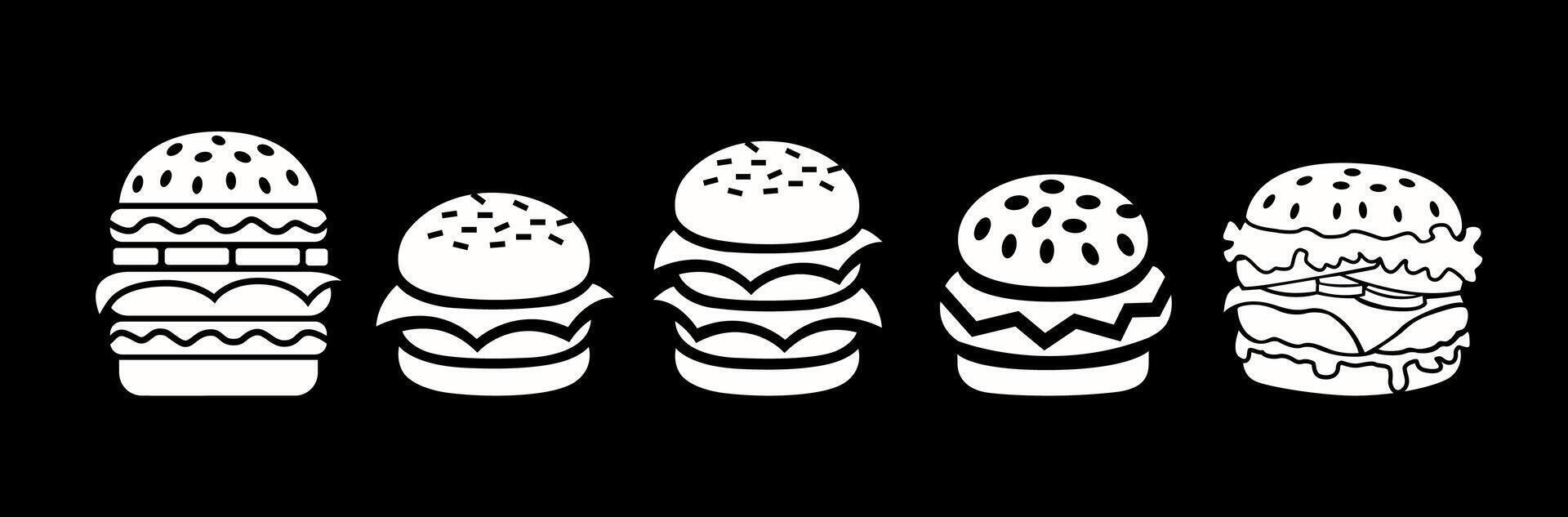 Variety of Burger Icons and Illustrations on black color vector