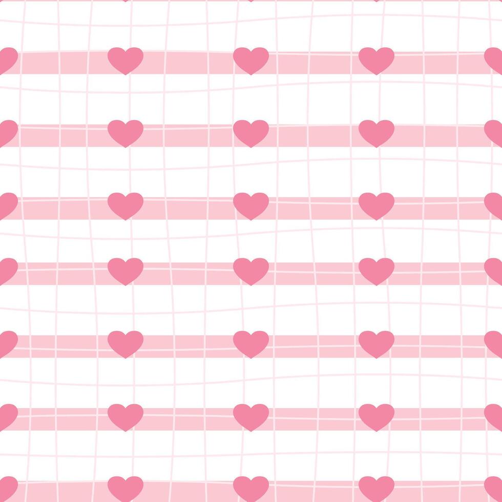 seamless pattern with horizontal stripes and pink hearts. Geometric striped repeating gingham texture. vector