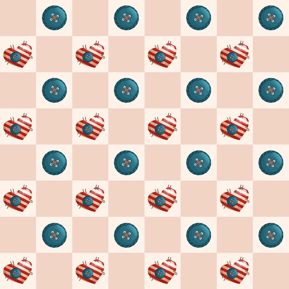 Seamless pattern with hearts, squares and buttons. Geometric repeating gingham pattern, checkered plaid texture. vector