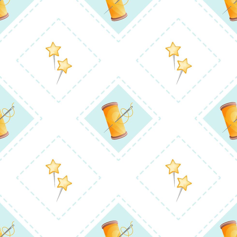 Seamless rhombus pattern with sew thread needle and safety pins. Geometric sewing texture. vector
