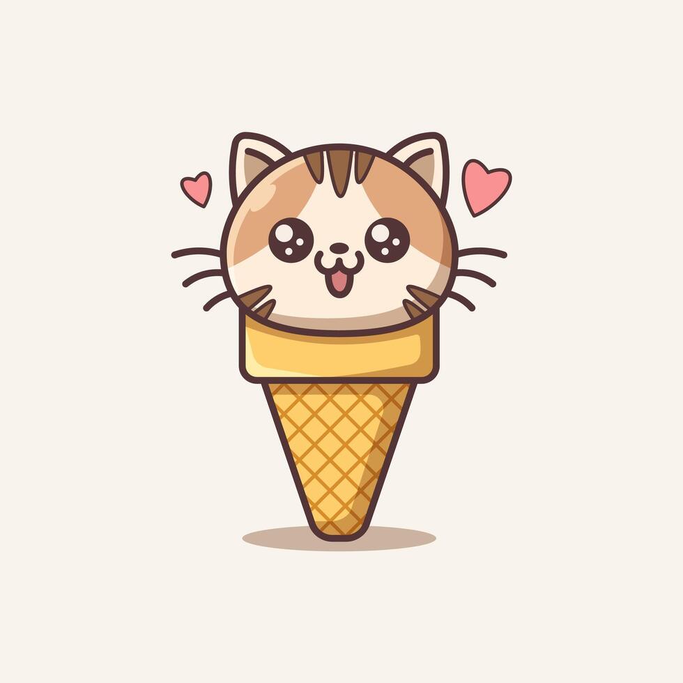 Adorable cartoon of a cat head as an ice cream scoop in a cone. Perfect for kids' designs, stickers, prints, greeting cards, and kawaii-style products. vector