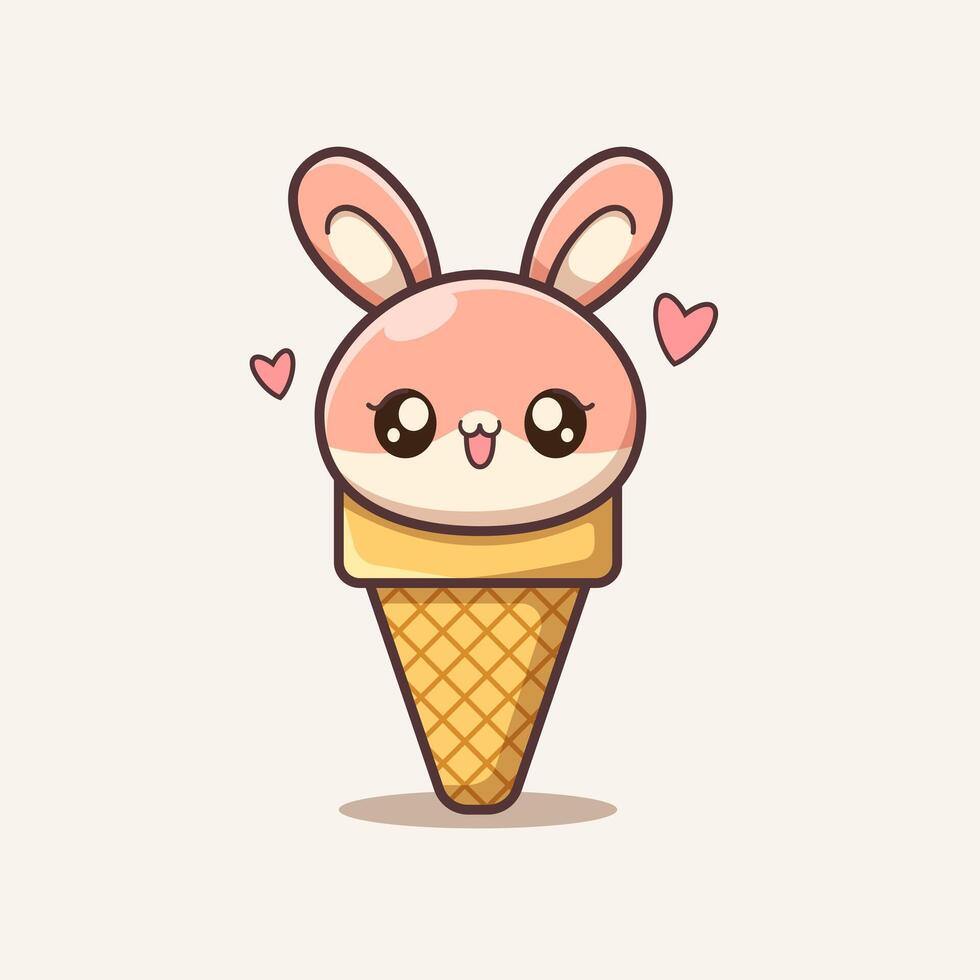 Adorable bunny ice cream with big eyes and heart accents. Perfect for kids, kawaii designs, summer treats, stickers, cute characters, and playful illustrations. vector