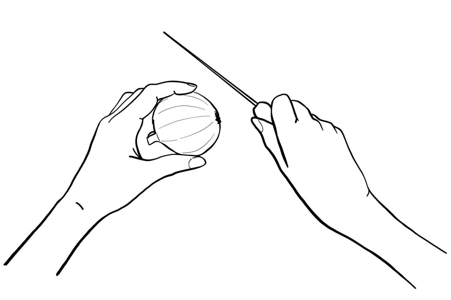 Human Hands Cutting Onion with Knife. Cooking Line Illustration vector