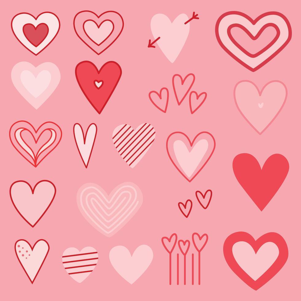 Playful and modern hand drawn heart illustrations in shades of red and pink. Perfect for Valentine Day, romantic designs, greeting cards, and love themed decor. vector