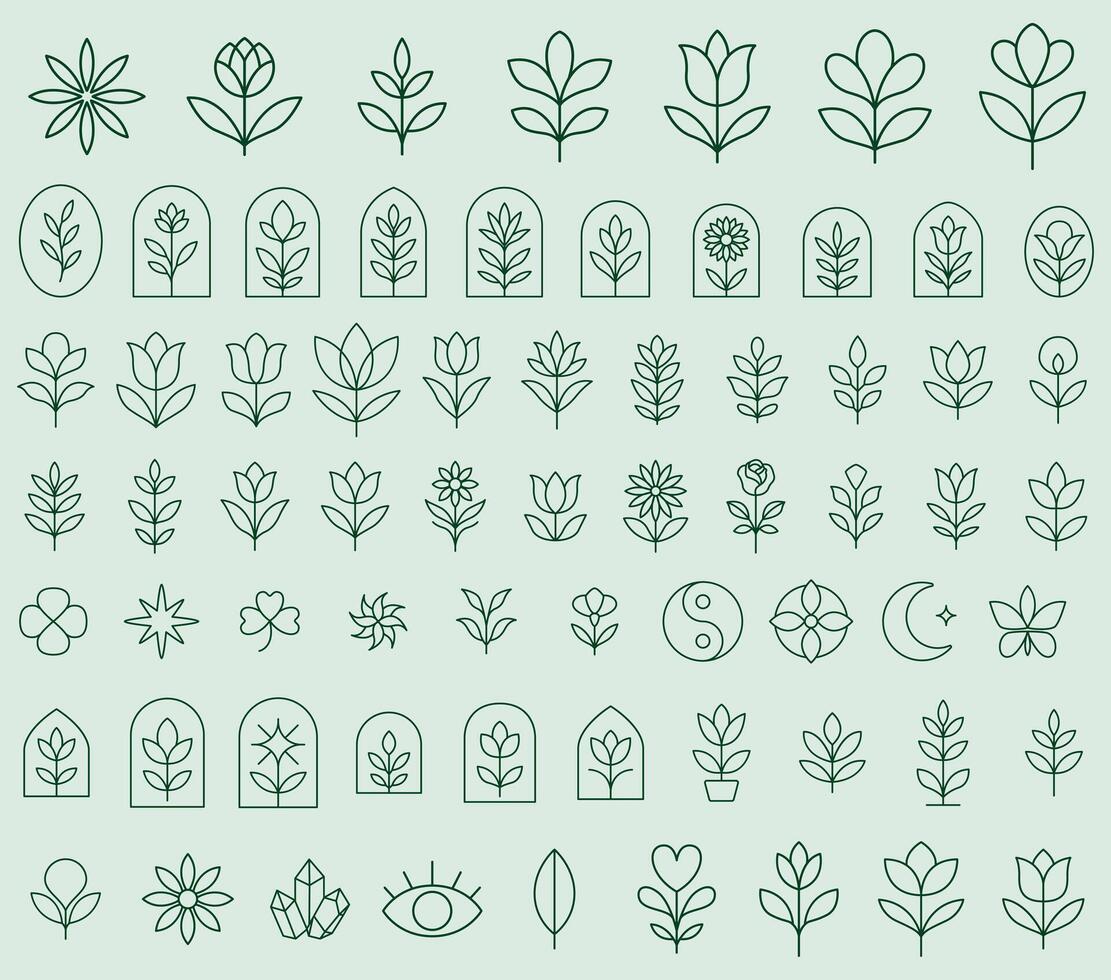 Minimalist floral and botanical icon set featuring elegant hand-drawn line art illustrations. vector