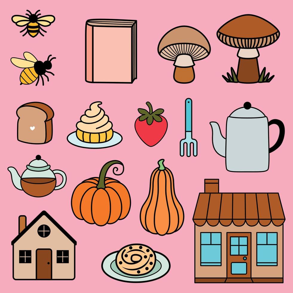 Cute illustration collection inspired by cozy cottagecore and rustic living. Features hand drawn flat icons vector