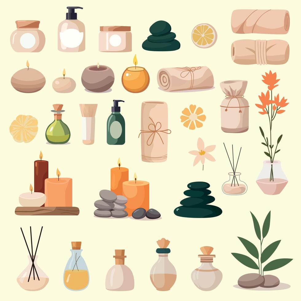 variety of essential oils and candles vector