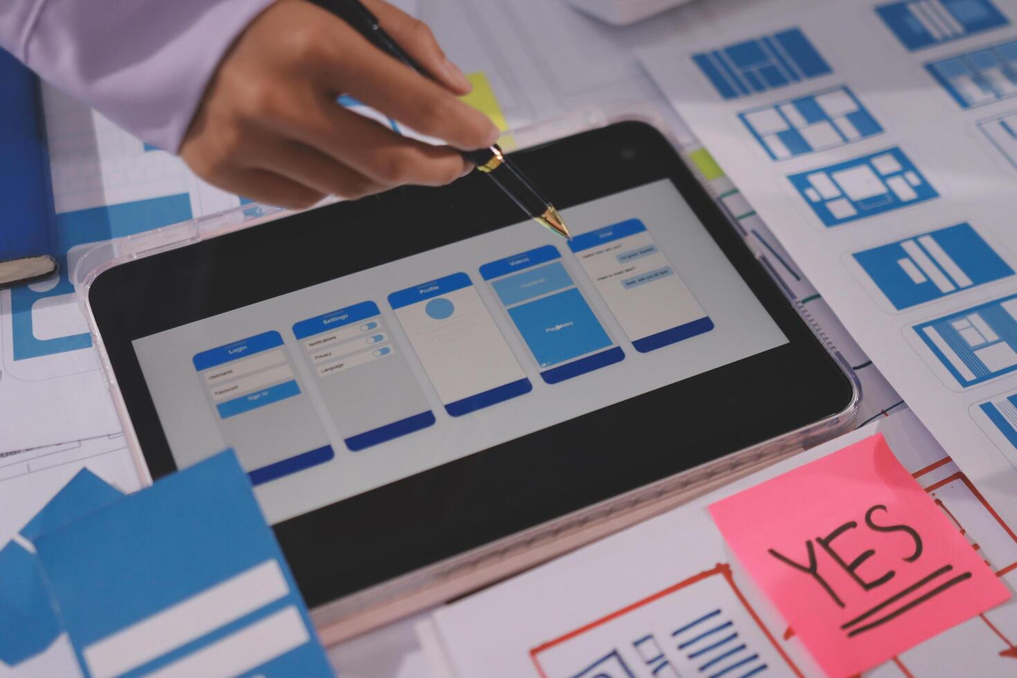 A person using a tablet to design a mobile app photo