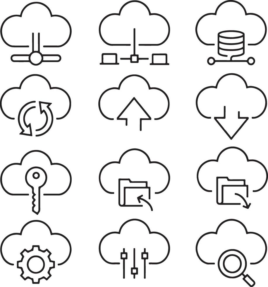 Thin line icon set of cloud storage computing web service database data transfer server security. Pixel perfect icons, editable stroke. vector