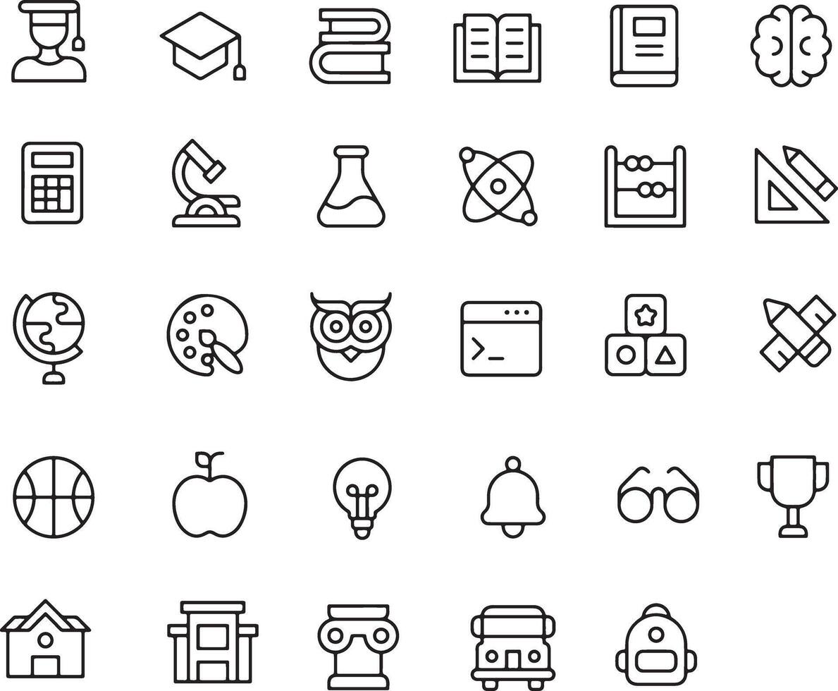 Thin line icon set of education learning knowledge school academic study, graduation. Symbol collection of book, brain, calculator, microscope, flask atom abacus. Pixel perfect icons editable stroke. vector