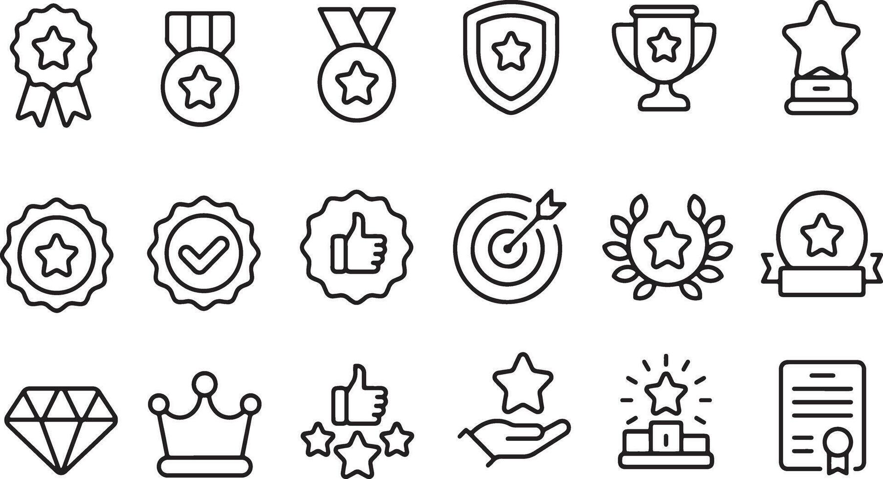 Thin line icon set of award reward achievement success medal trophy star badge excellence. Pixel perfect icons, editable stroke. vector