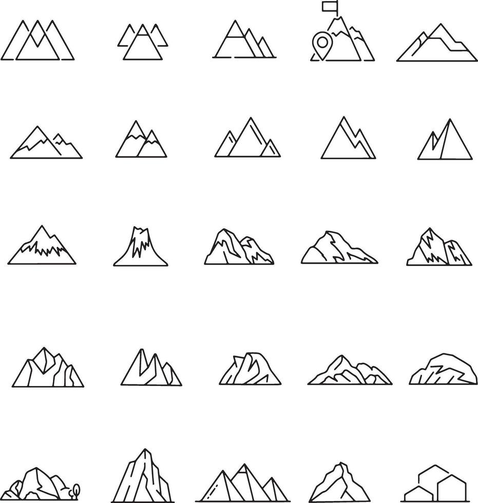 Thin line icon set of mountain summit hill landscape peak altitude adventure nature travel outdoor climbing. Pixel perfect icons, editable stroke. vector