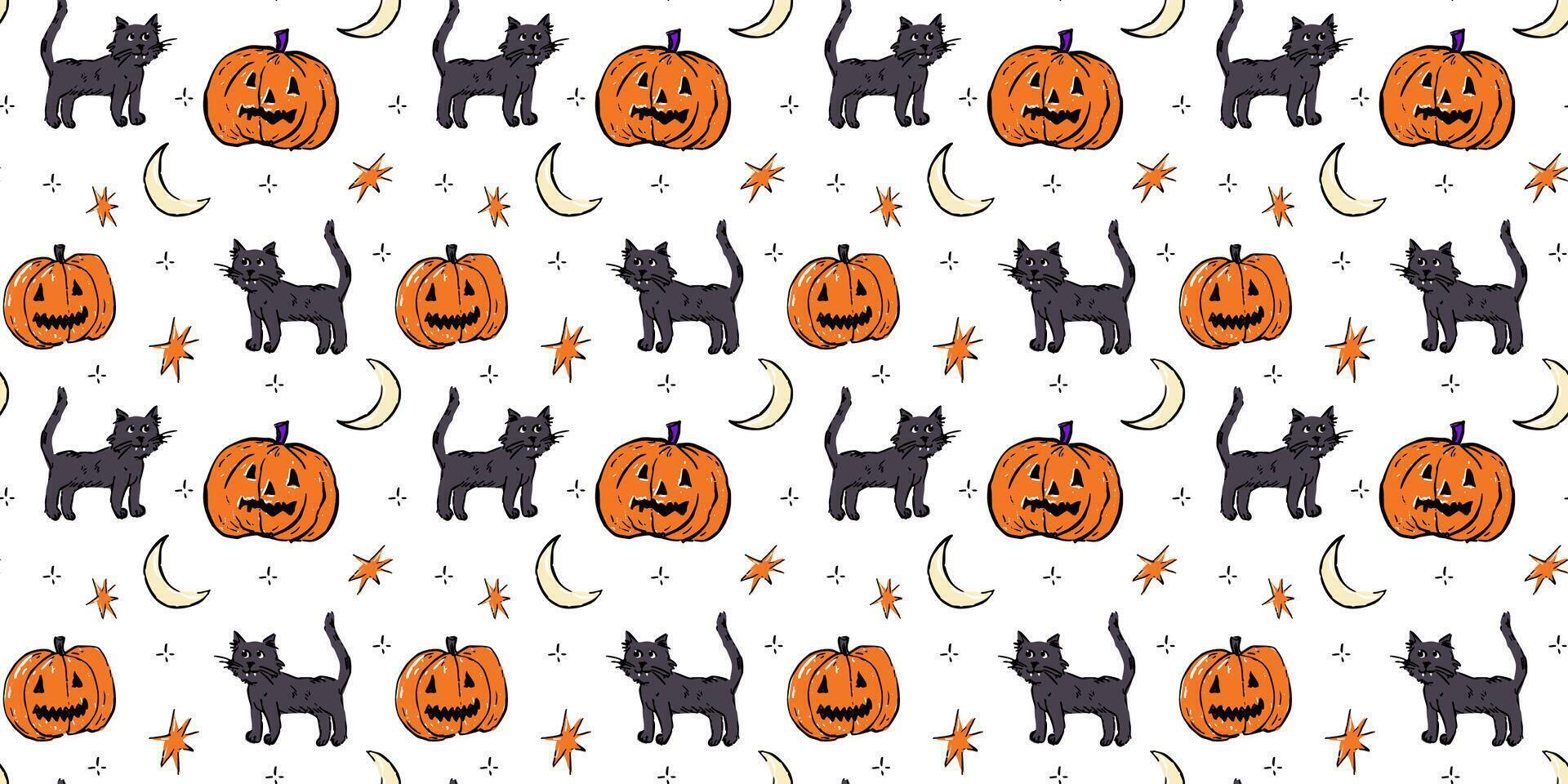 Fun and spooky seamless Halloween pattern featuring hand-drawn black cats, carved pumpkins, stars, and crescent moons on a white background. vector