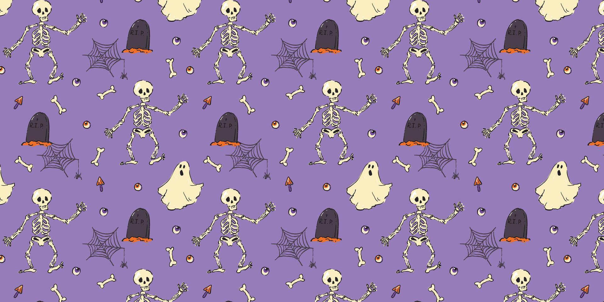 Seamless Halloween pattern featuring dancing skeletons, spooky ghosts, tombstones, spiderwebs, eyeballs, mushrooms, and bones on a purple background. vector