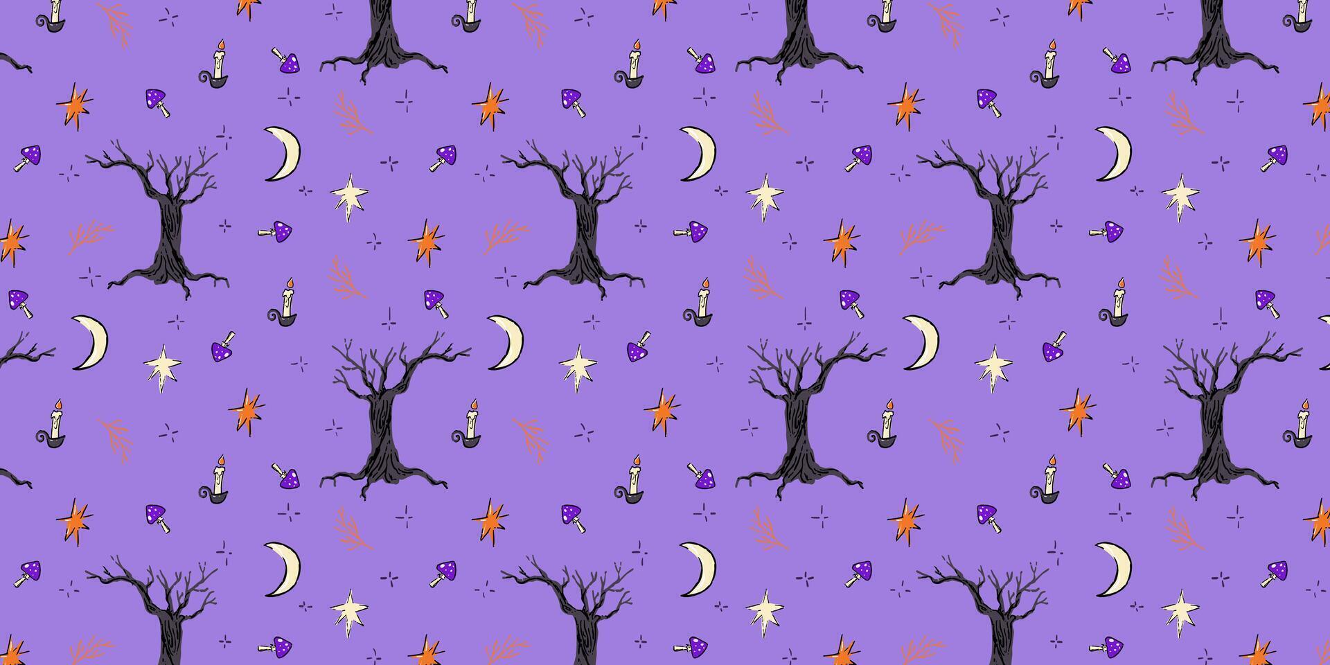 Seamless Halloween pattern with bare haunted trees, glowing candles, crescent moons, stars, mushrooms, and twigs on a purple background. vector