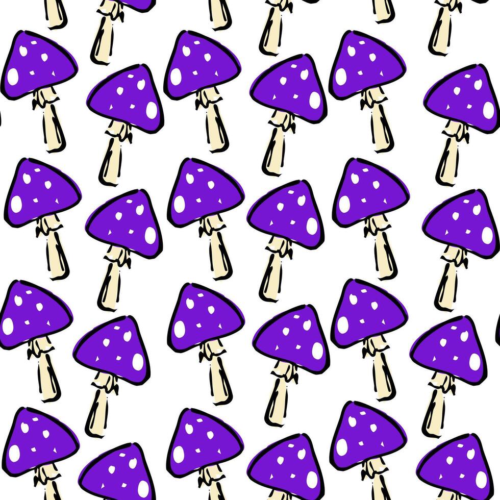 Hand-drawn seamless pattern featuring spooky purple mushrooms with white spots on a white background. vector