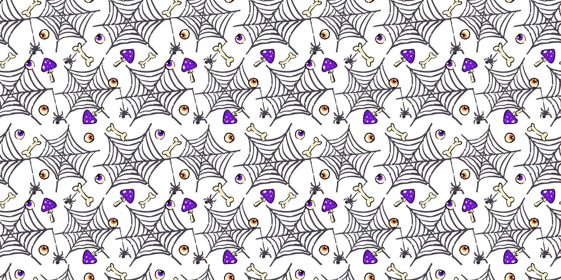 Seamless Halloween pattern featuring hand-drawn spiderwebs, creepy bones, cartoon spiders, eyeballs, and magical mushrooms. vector