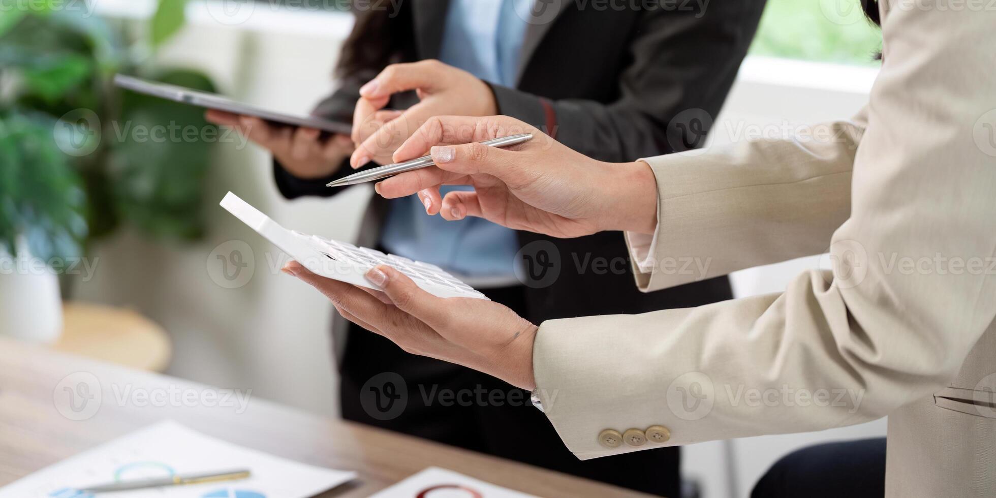 Business Collaboration and Strategy. Professionals discussing project details with digital tablet. photo