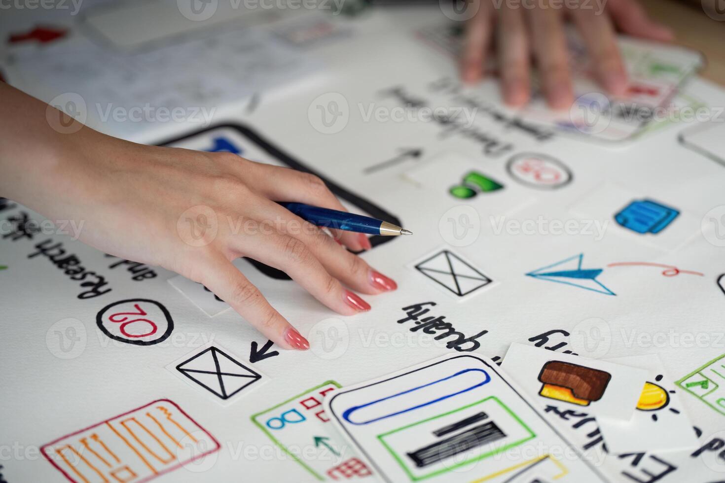 UX Design Collaboration. Hands on a brainstorming session with sketches and notes. photo