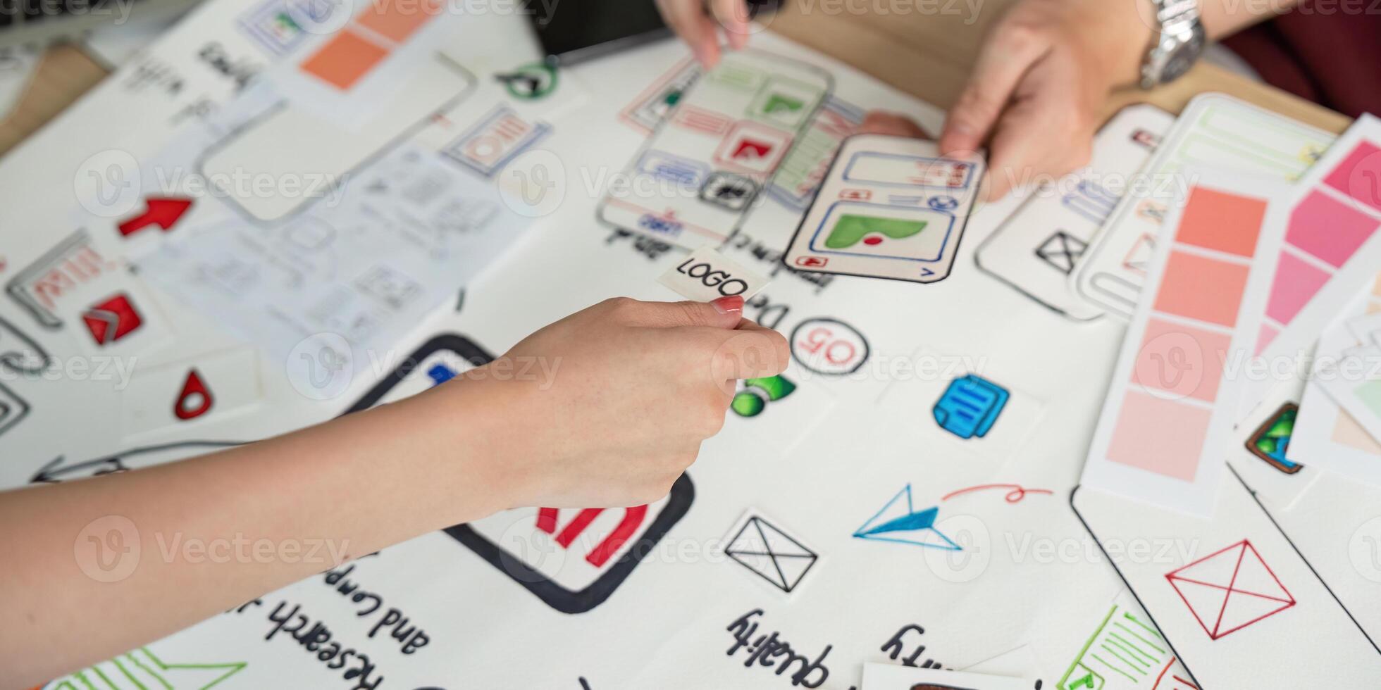 User Experience Design Collaboration. Team brainstorming with UX UI design concepts. photo