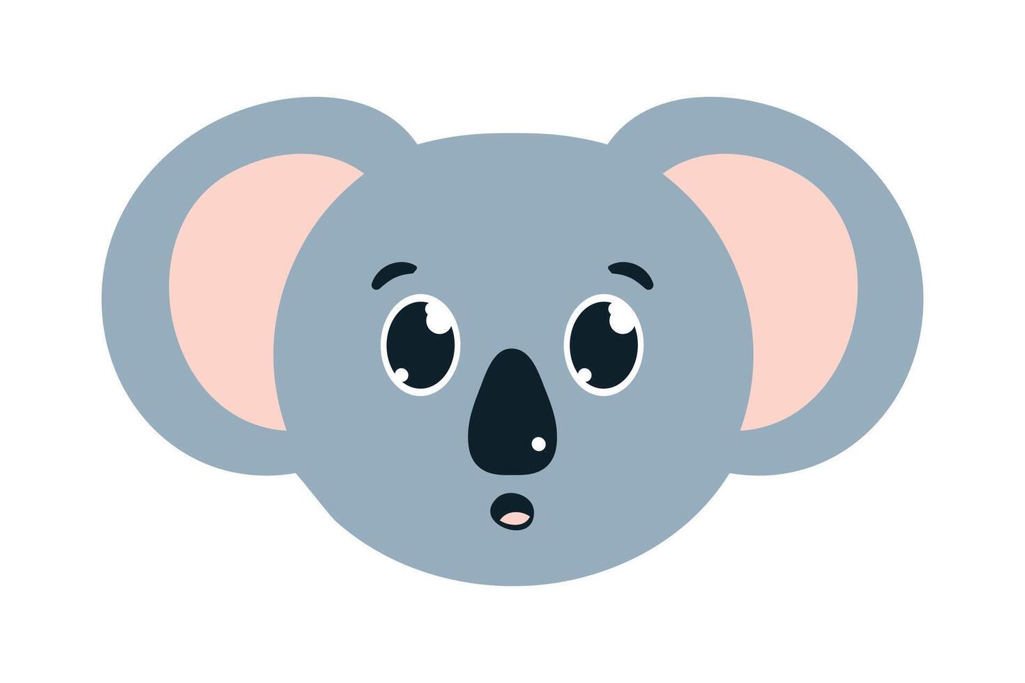 Adorable delighted koala face, round ears. Playful, comical Australian marsupial animal showing admiration. Gray head. Cartoon for icons, stickers, emoji, children books. Isolated. illustration vector