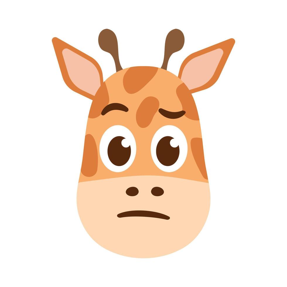 Puzzled funny Giraffe Face. Exotic spotted Animal head Thinking emoji style for avatars. African cute fauna Doubting. Cartoon color image for kids and zoo. Flat design. Isolated. illustration vector