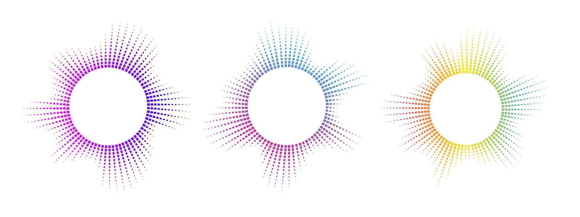 A set of multicolor equalizers made of burst beams . Radial sound, neon sound waves. Music symbol, circular sound waves, digital communication. radial spectrum. vector