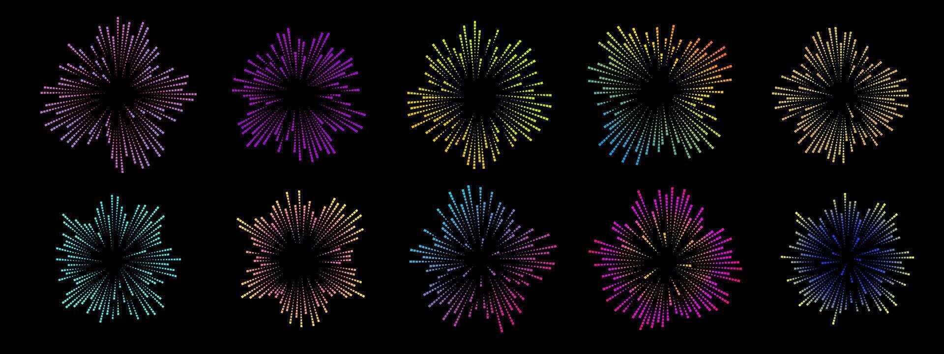 Colorful soundwave patterns in circular shapes on a black background. The design features various vibrant colors and dynamic wave forms, representing music and sound vector