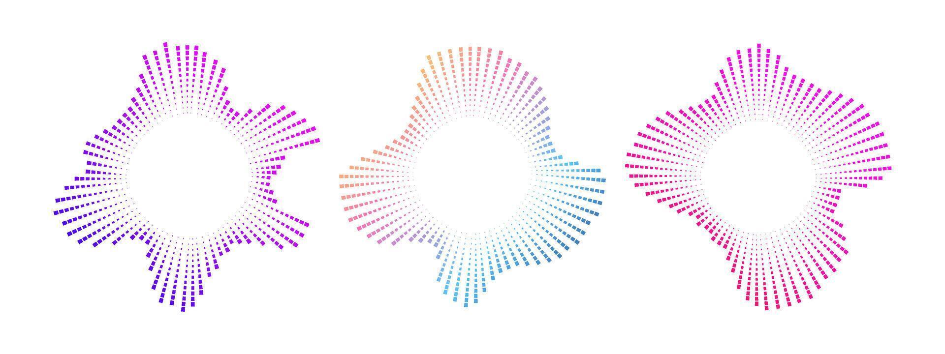 A set of circular multicolor burst ray equalizers . Radial sound, frequency sound neon waves . Pulsating music design element, voice graphic signal, circular waves . radial spectrum. vector