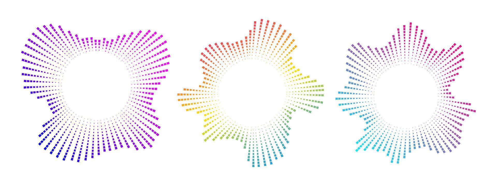A set of burst ray equalizers . Radial sound, frequency sound waves . Pulsing music symbol, voice graph signal, circular sound waves . radial spectrum. vector