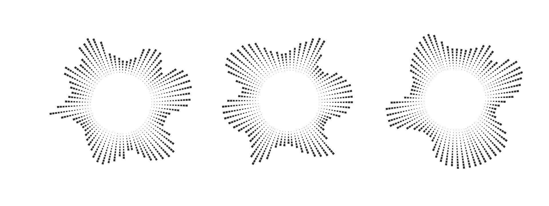 A set of circular equalizers from discontinuous beams . Radial sound, frequency sound waves . Pulsing music design element, voice graphic signal, circular sound waves . radial spectrum. vector
