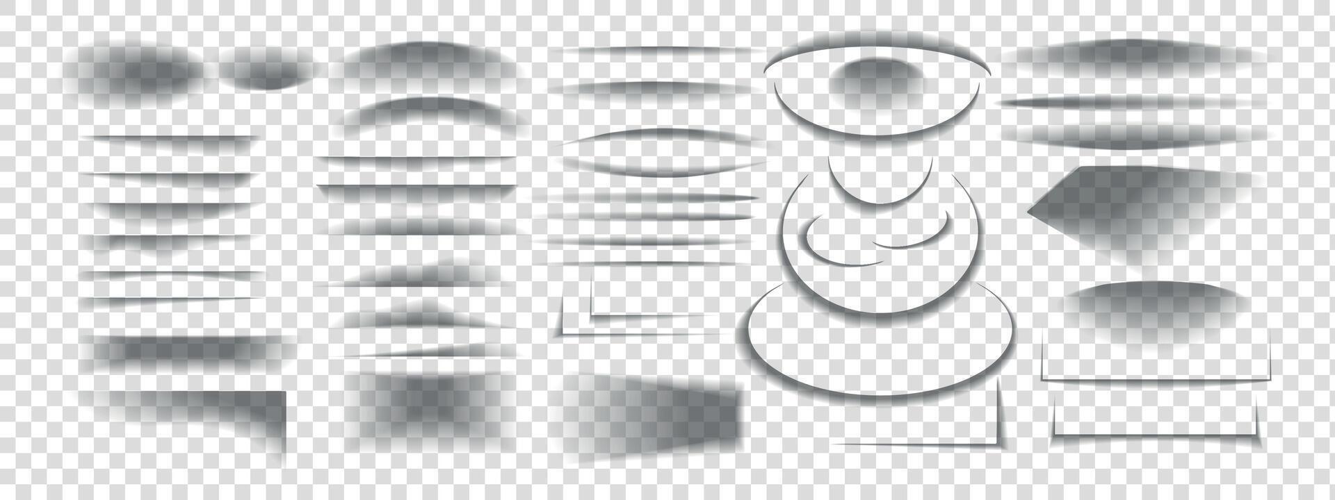 Set of shadows. Realistic black shadow effect from paper or packing box. round, oval, square, rectangular shadows, stripes. vector