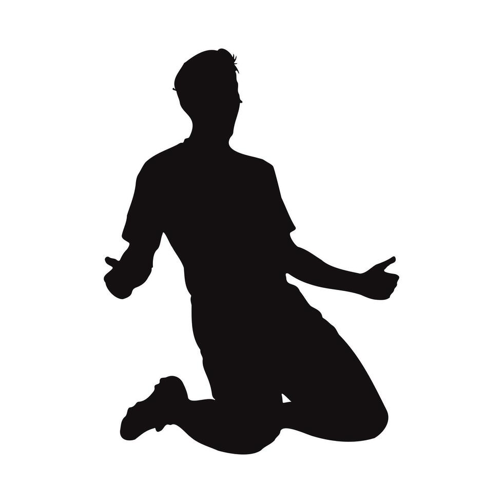 Silhouette of a man kneeling, celebrating victory, joyful expression, dynamic pose, isolated on white background, graphic design element, illustration. vector