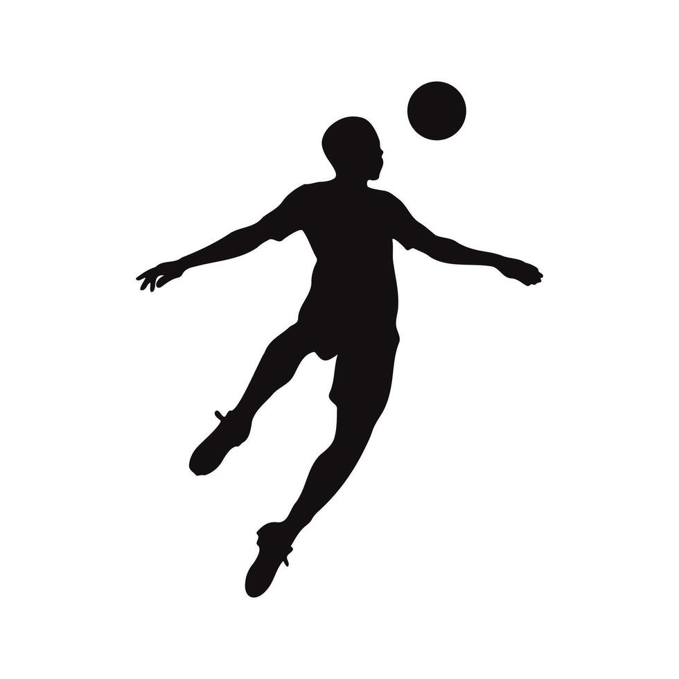 Silhouette of a soccer player heading a ball during a dynamic aerial maneuver, showcasing athleticism and skill in a powerful pose against a white background. vector